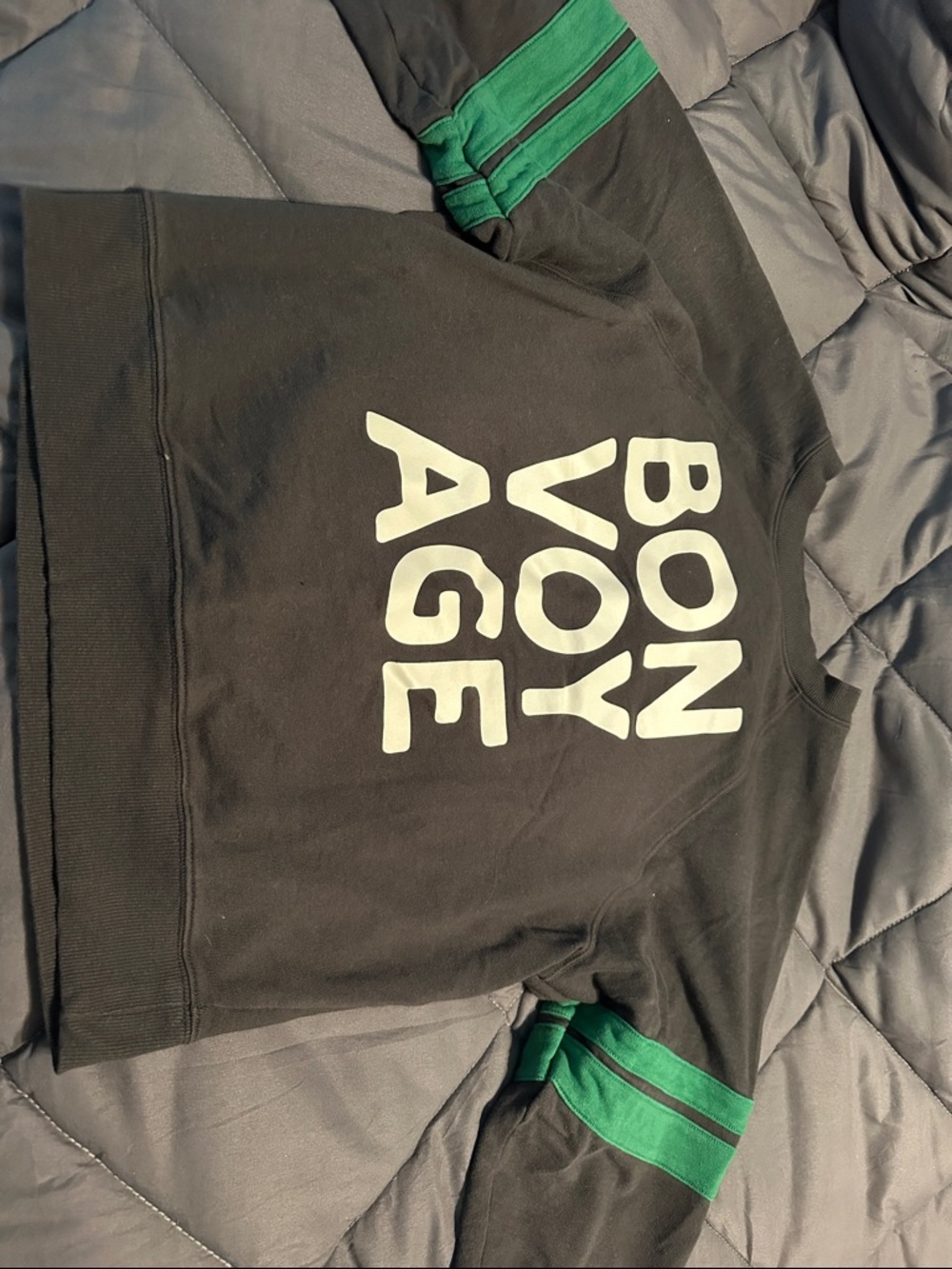 Old Navy Black Sweatshirt with White 'BON VOYAGE' Print and Green Sleeve Stripes